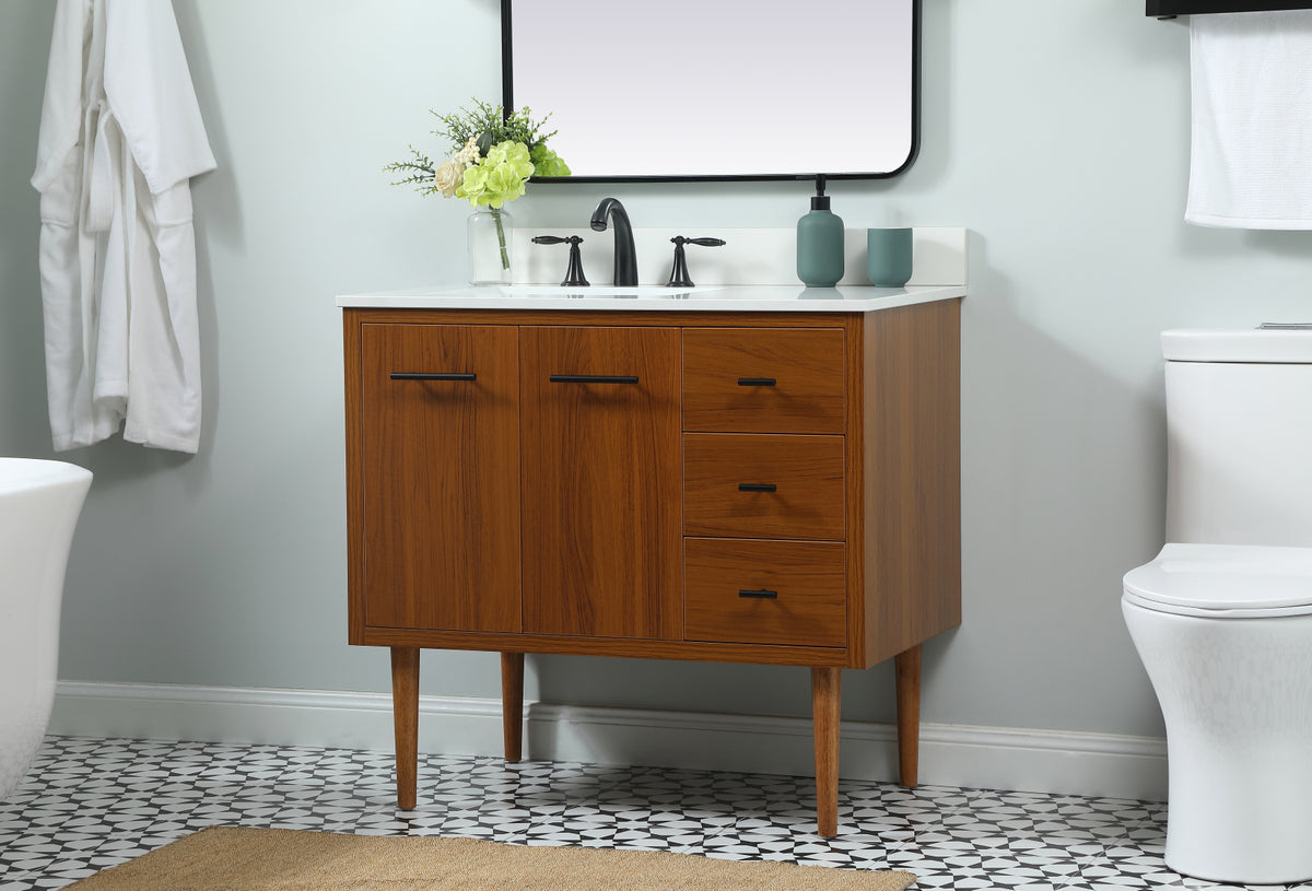 36 inch Single bathroom vanity in teak with backsplash