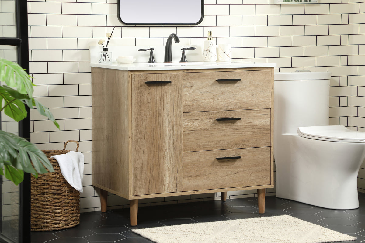 36 inch Single bathroom vanity in natural oak with backsplash