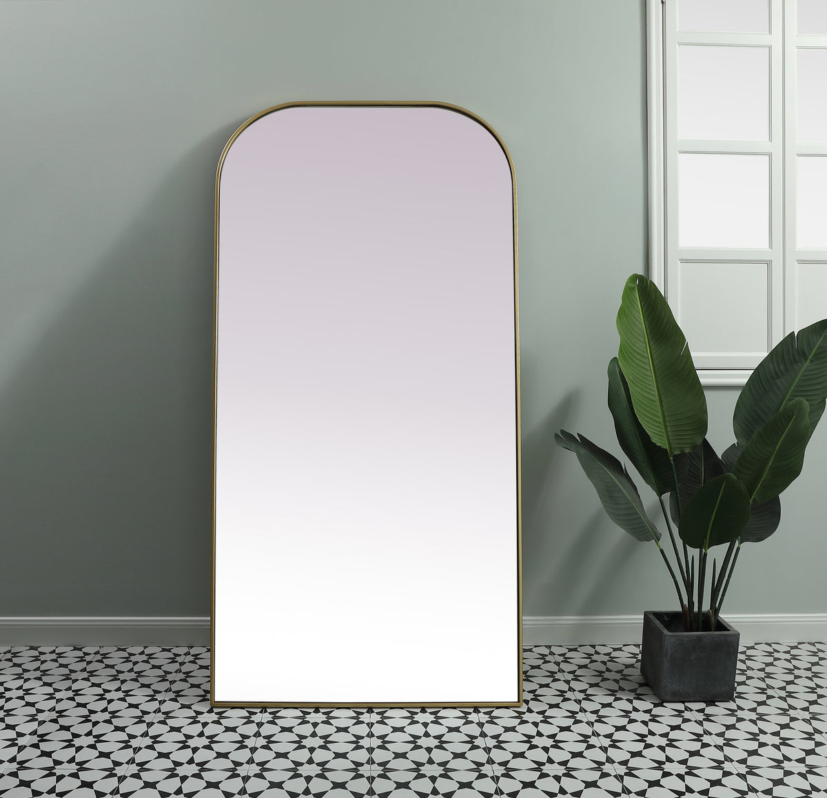 Metal Frame Arch Full Length Mirror 35x72 Inch in Brass