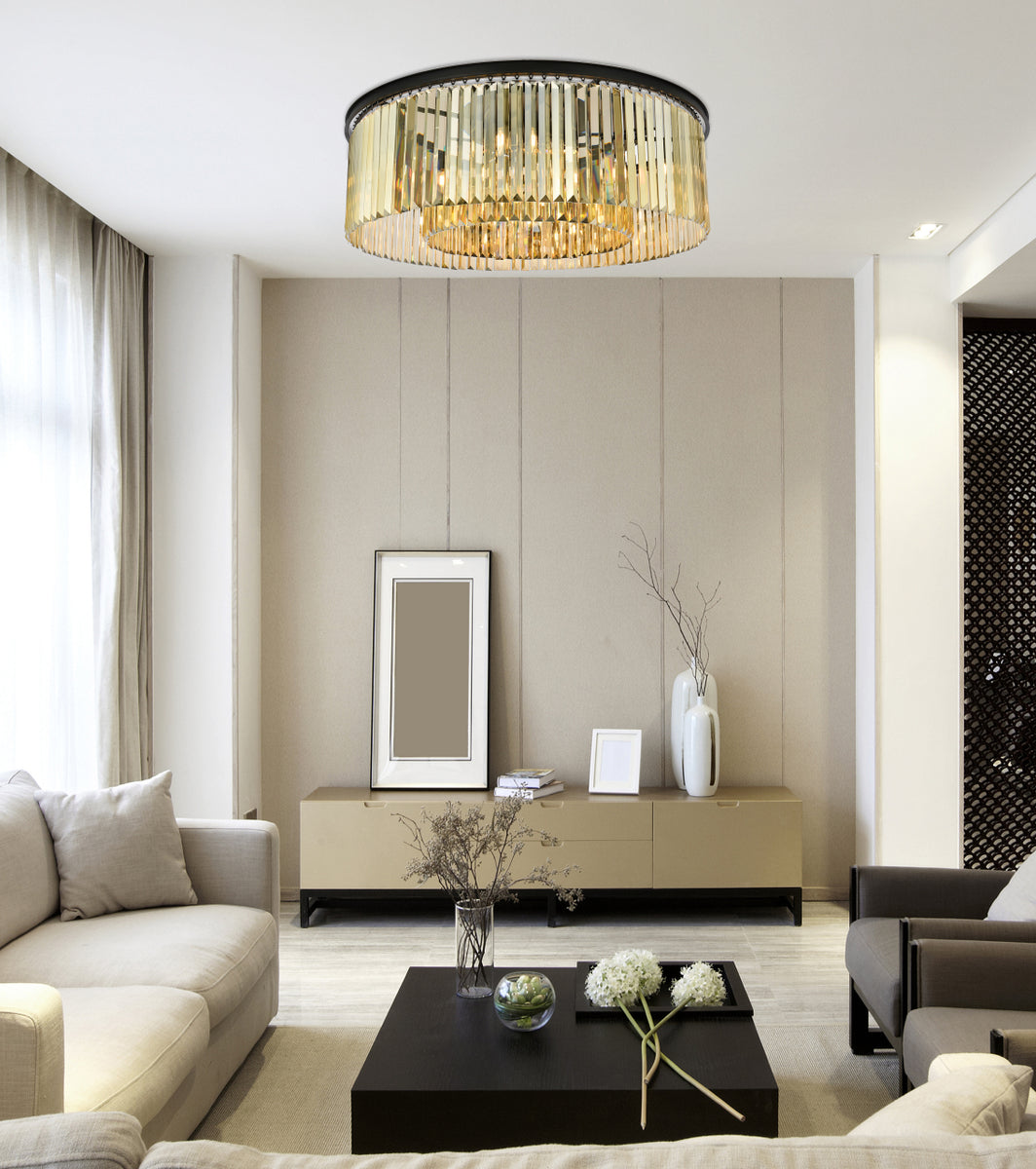 Sydney 10 light Matte Black Flush Mount Golden Teak (Smoky) Royal Cut Crystal