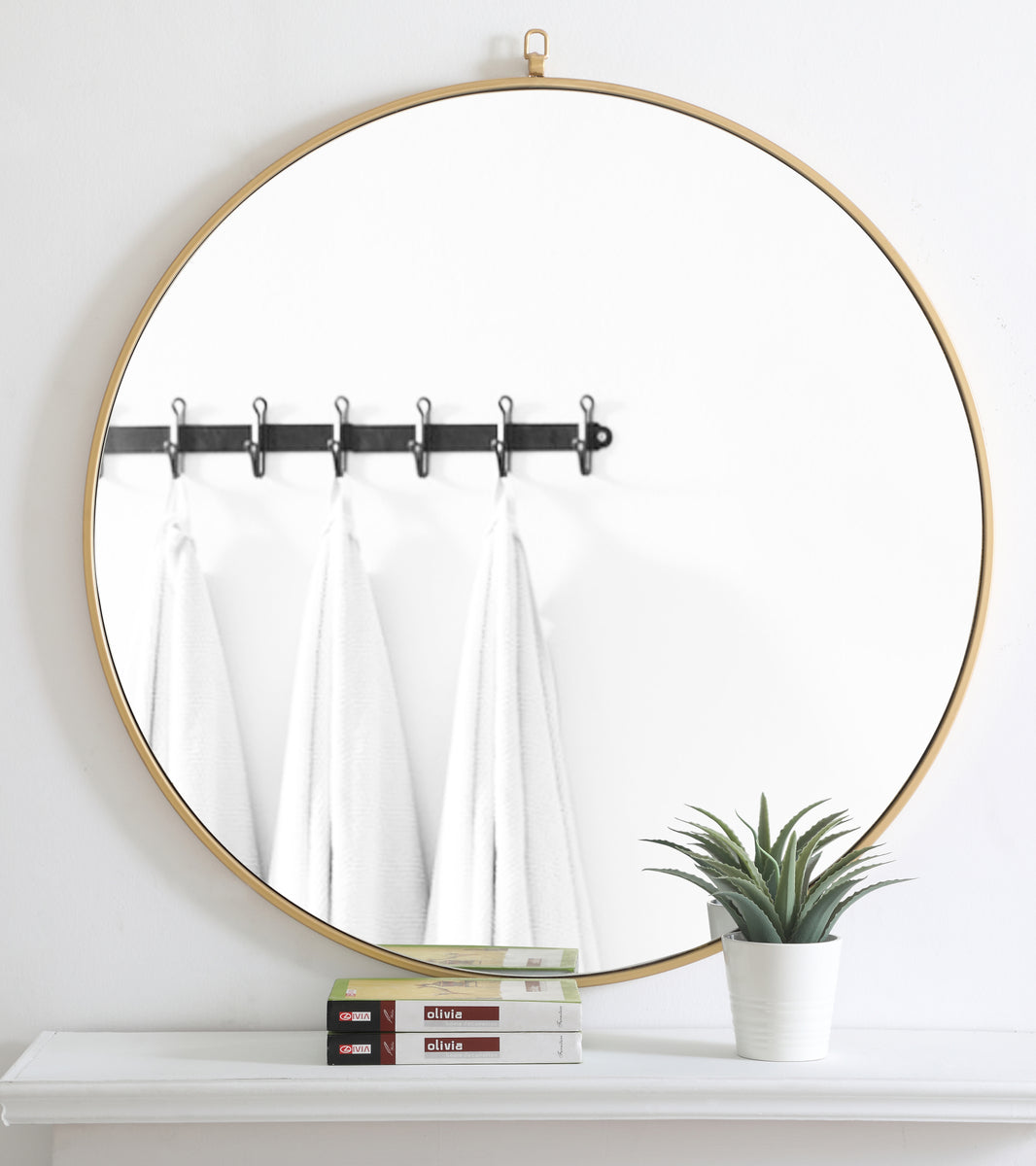 Metal frame Round Mirror with decorative hook 42 inch Brass finish