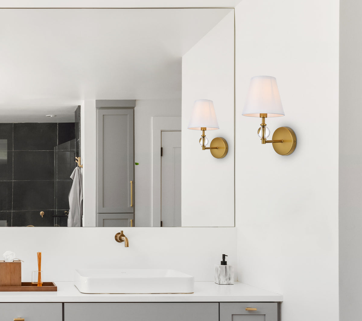 Bethany 1 light bath sconce in brass with white fabric shade