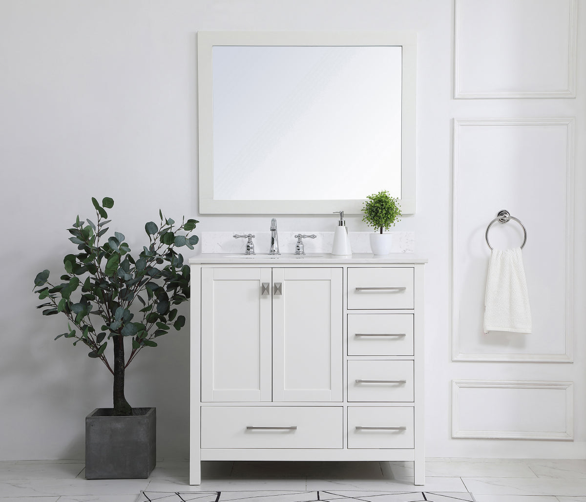 36 inch Single Bathroom Vanity in White with Backsplash