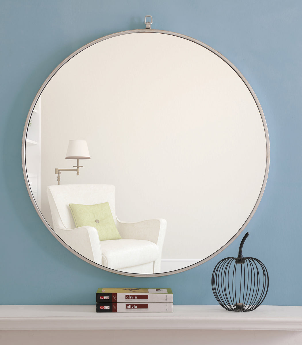 Metal frame Round Mirror with decorative hook 32 inch Silver finish