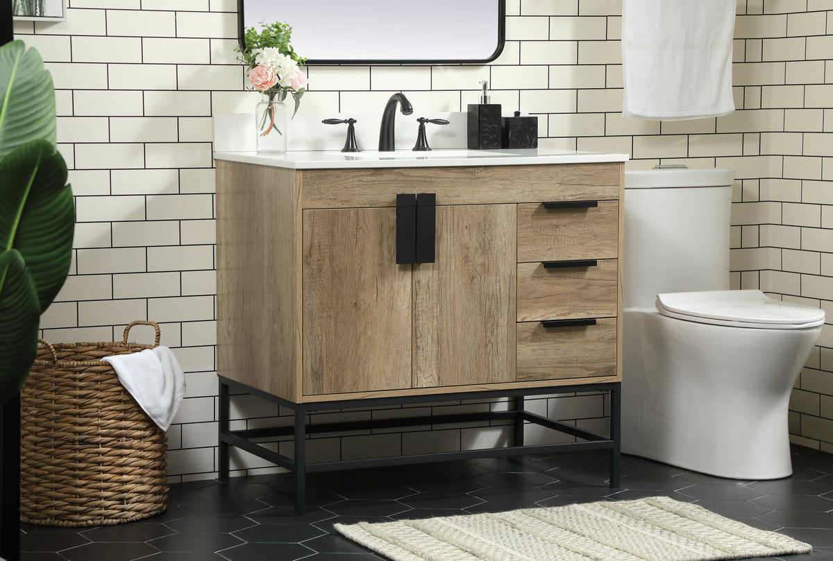 36 inch Single bathroom vanity in natural oak with backsplash