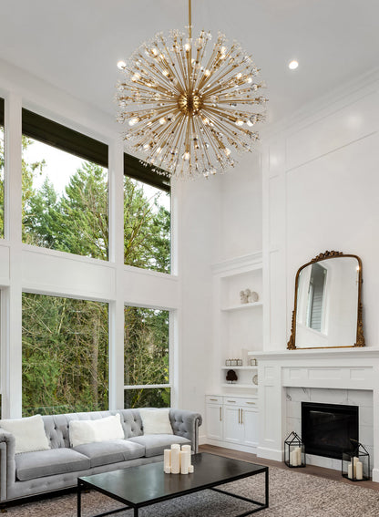 Vera 44 inch crystal starburst round pendant in gold