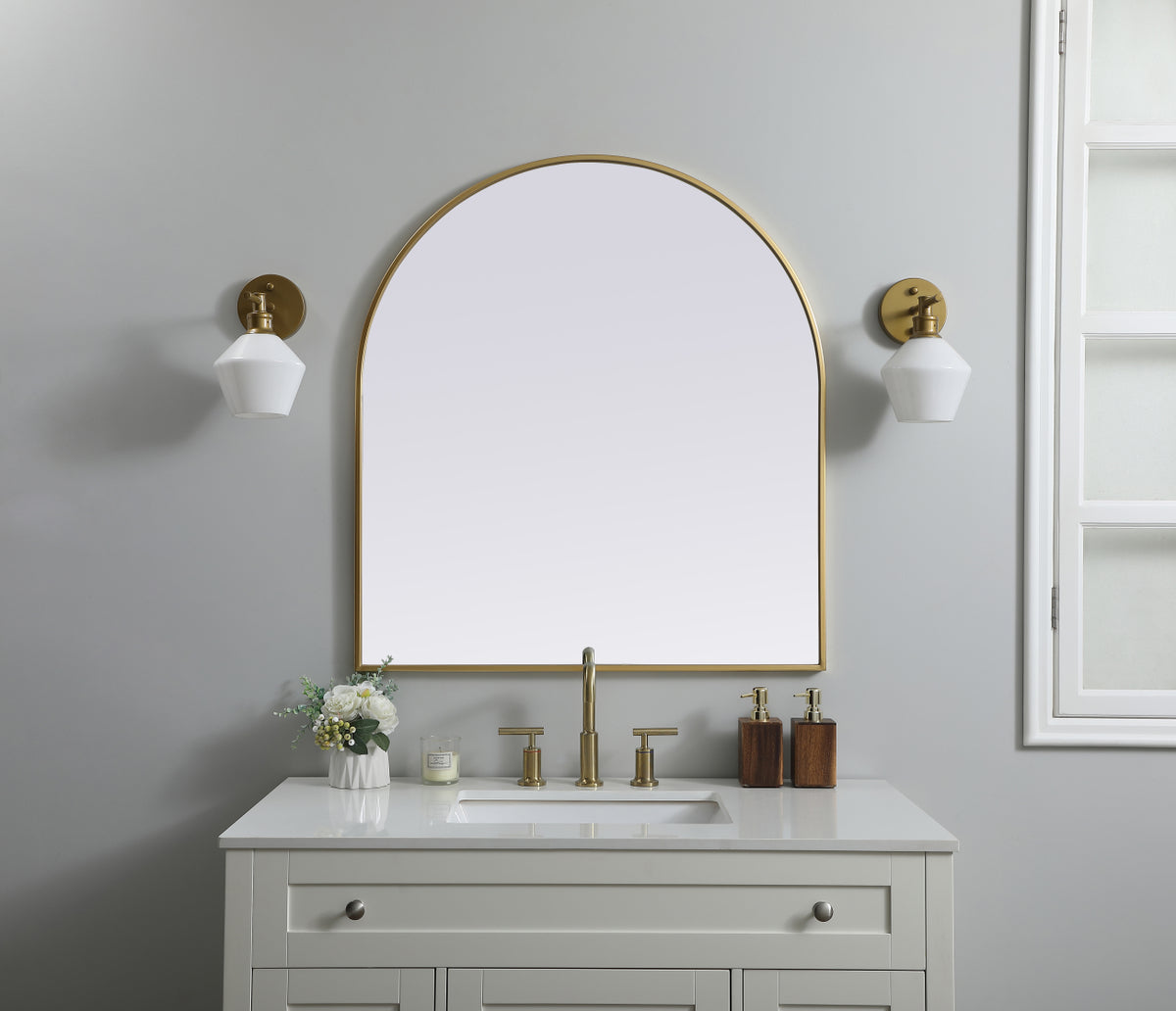 Metal Frame Arch Mirror 33x36 Inch in Brass