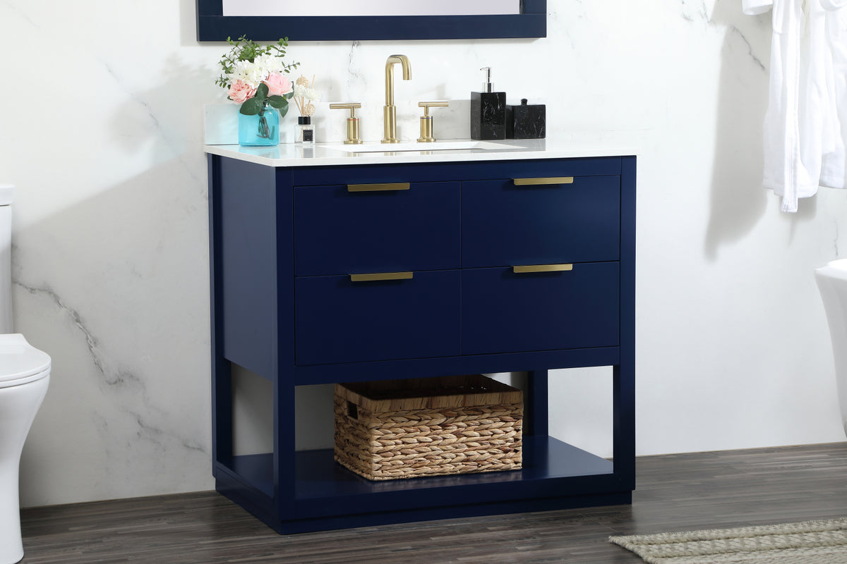36 inch Single bathroom vanity in blue with backsplash