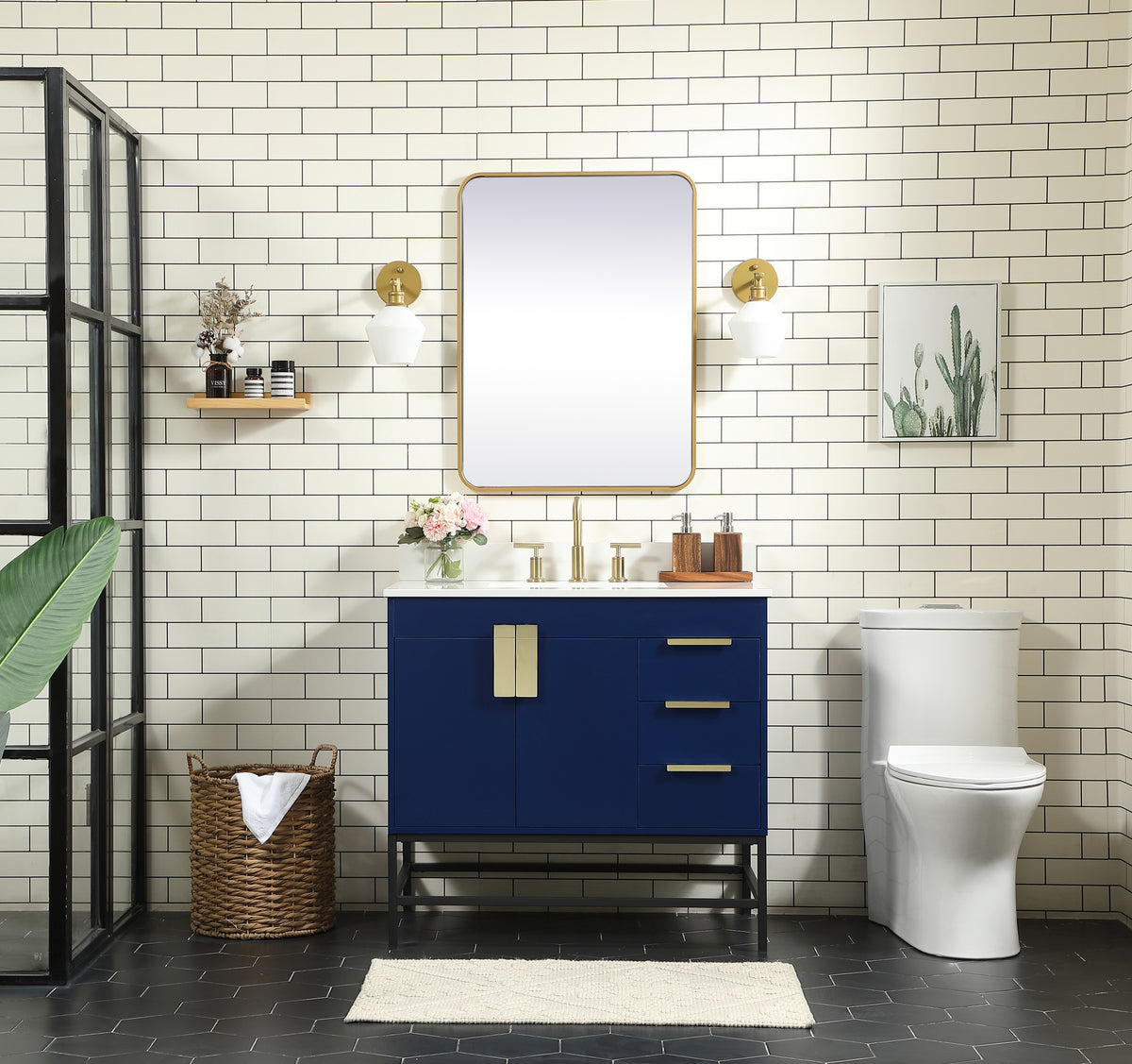 36 inch Single bathroom vanity in blue with backsplash