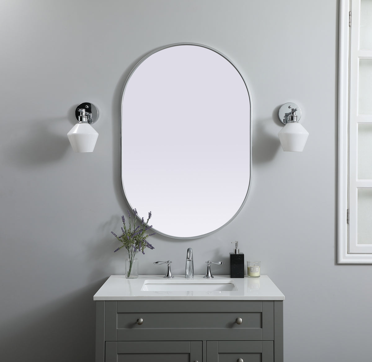 Metal Frame Oval Mirror 27x40 Inch in Silver