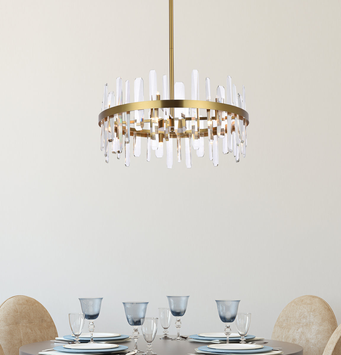 Serena 25 inch crystal round pendant in satin gold