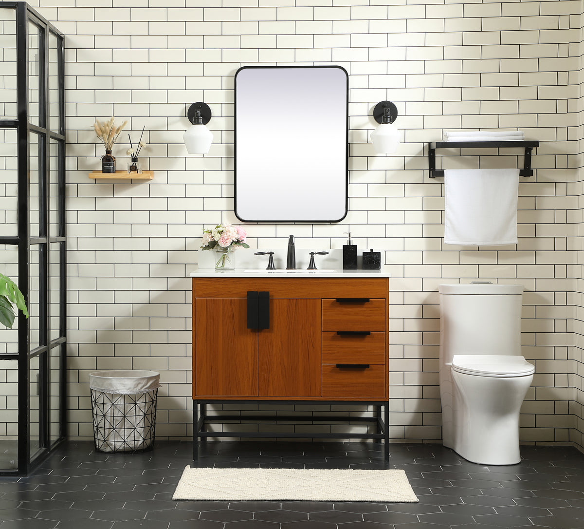 36 inch Single bathroom vanity in teak with backsplash