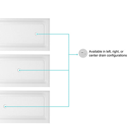 60x36 inch Single threshold shower tray center drain in glossy white