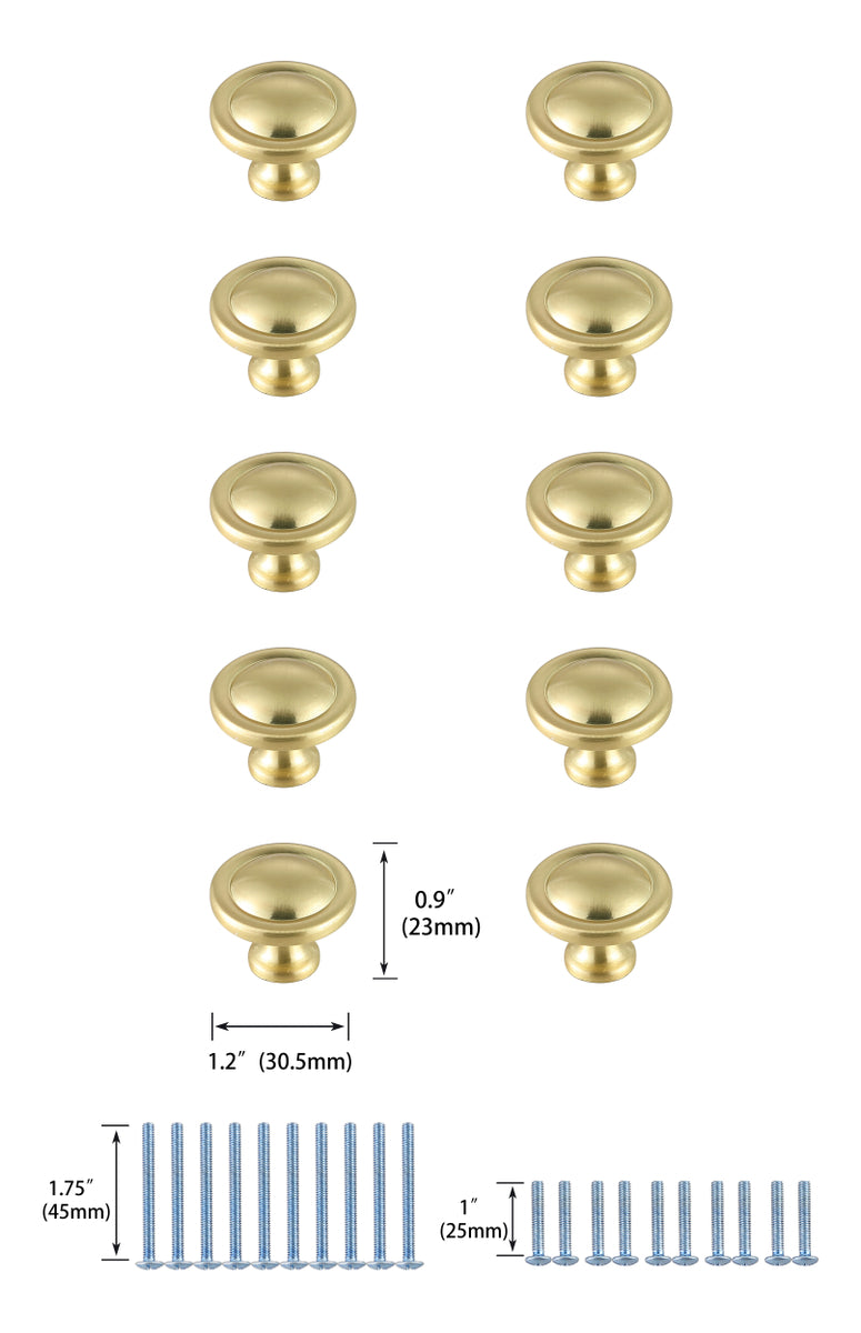 Garlande 1.2" Diameter Brushed Gold Mushroom Knob Multipack (Set of 10)