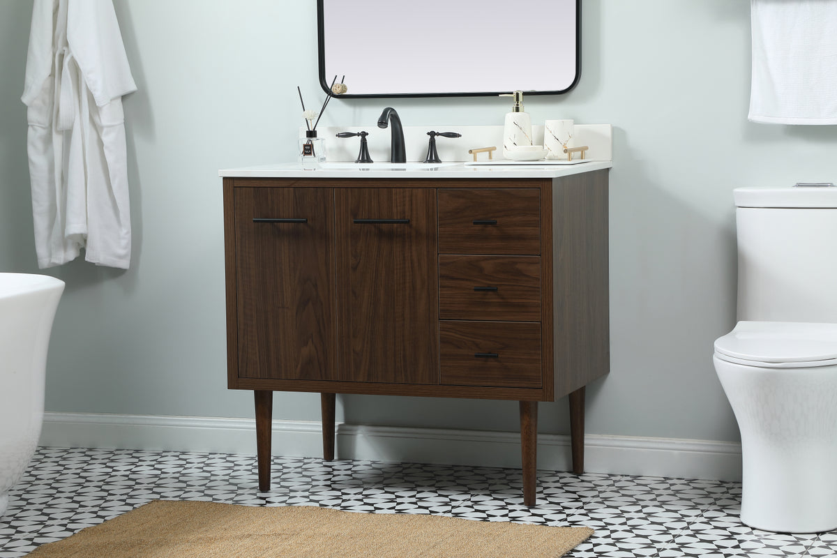 36 inch Single bathroom vanity in walnut with backsplash