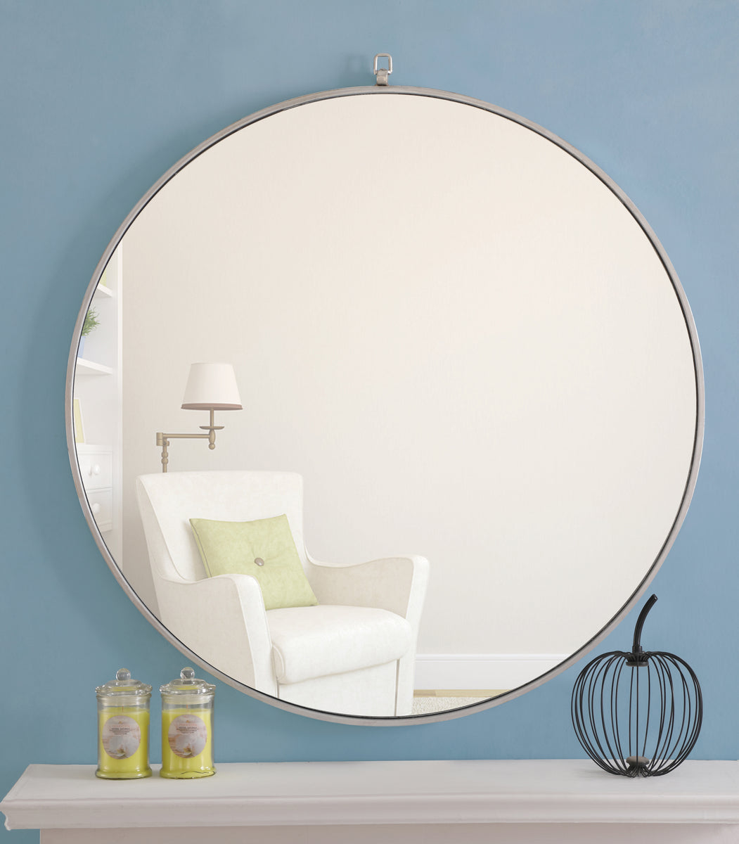 Metal frame Round Mirror with decorative hook 36 inch Silver finish