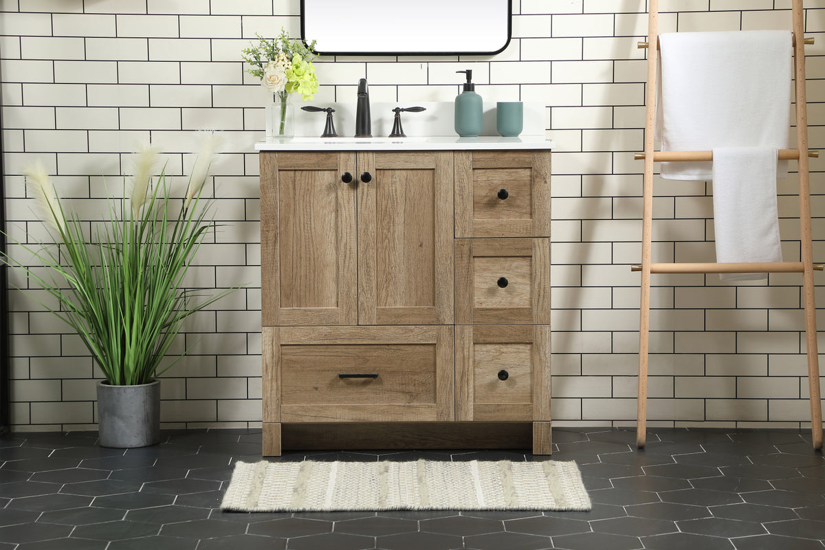 32 inch Single bathroom vanity in natural oak with backsplash