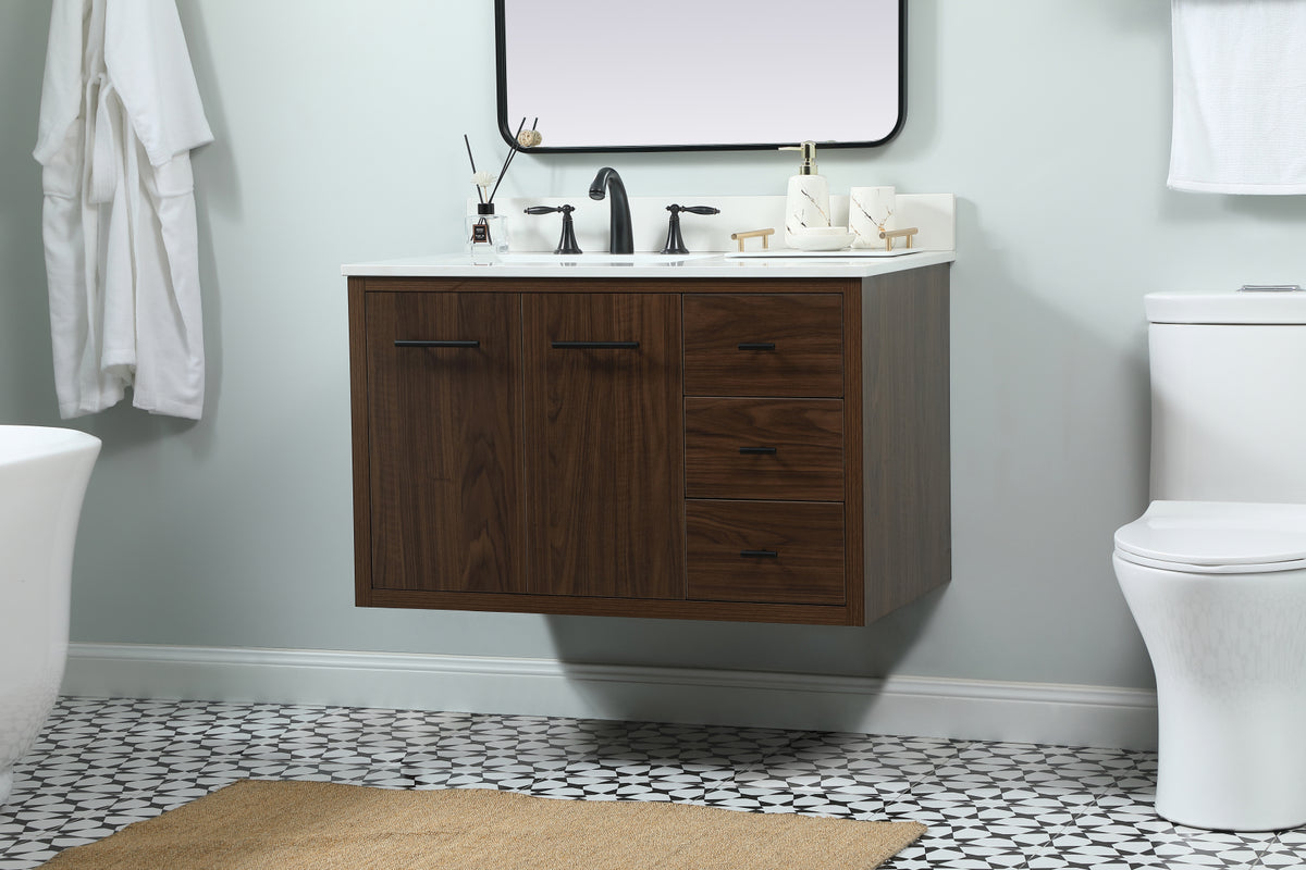 36 inch Single bathroom vanity in walnut with backsplash