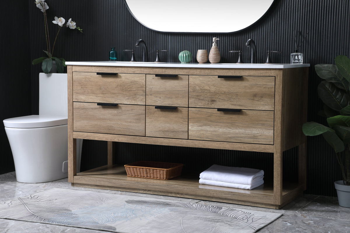 60 Inch Double Bathroom Vanity In Natural Oak