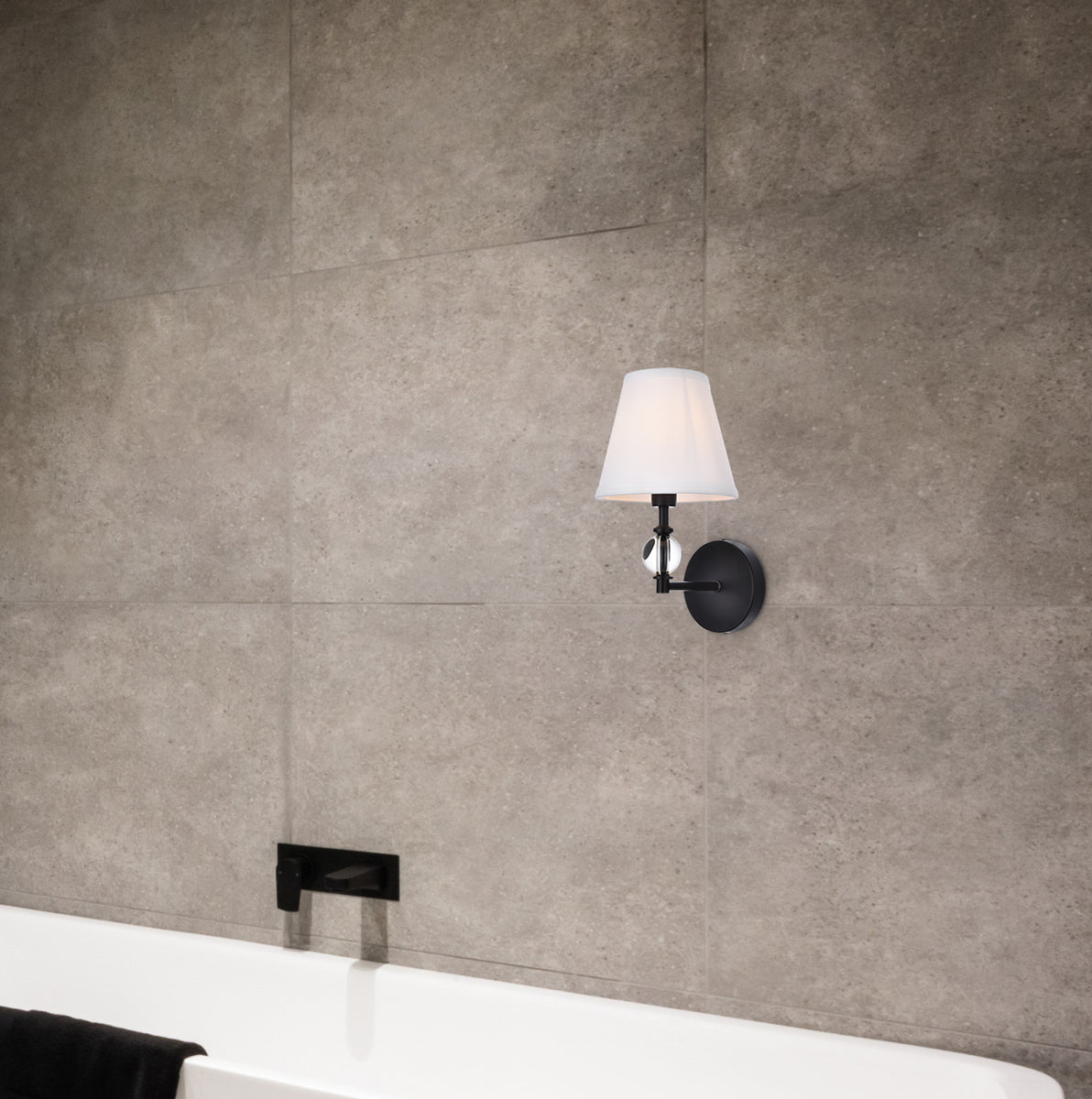 Bethany 1 light bath sconce in black with white fabric shade