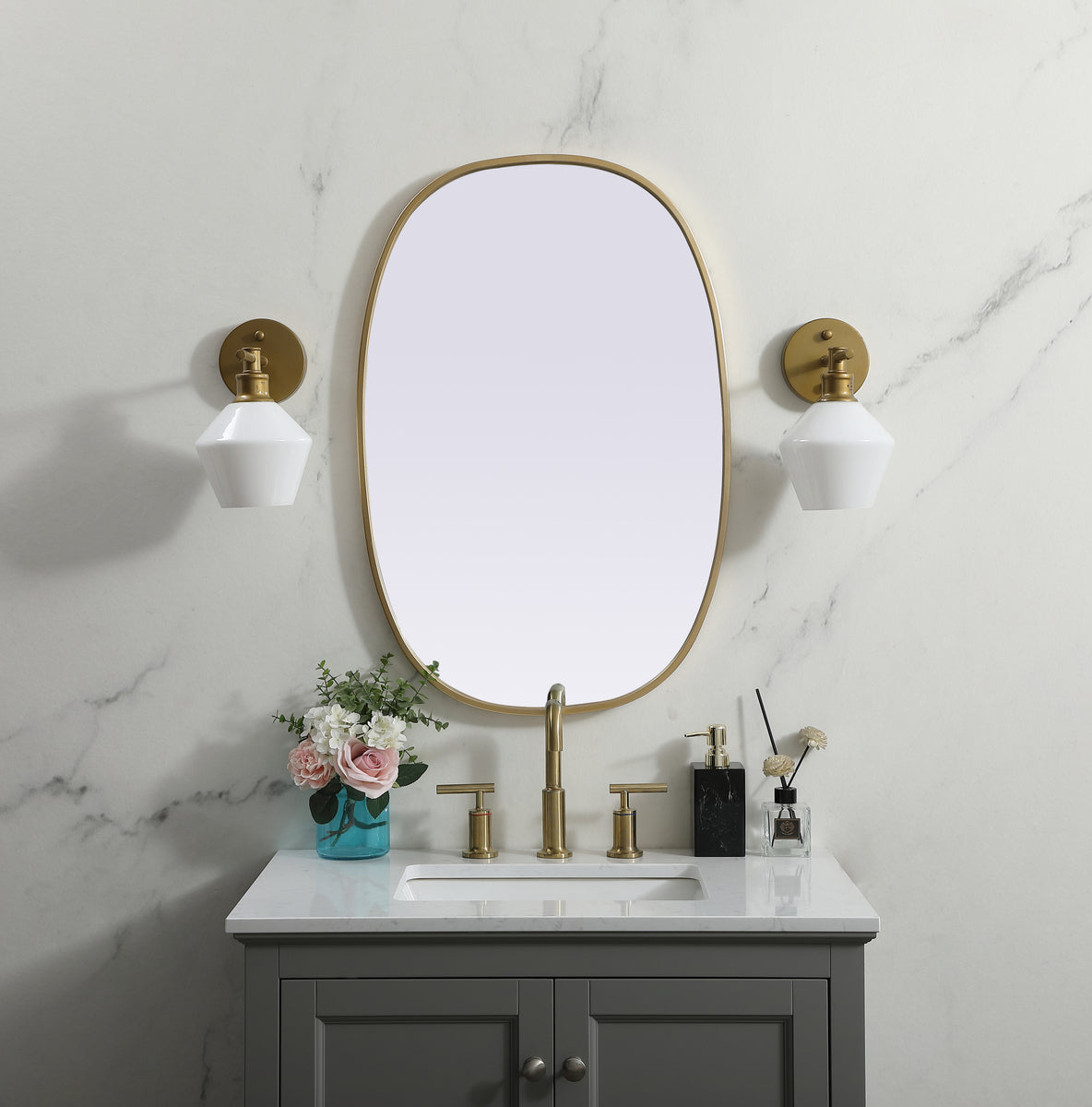 Metal Frame Oval Mirror 20x30 Inch in Brass