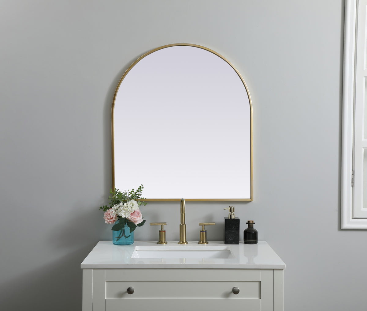 Metal Frame Arch Mirror 27x30 Inch in Brass