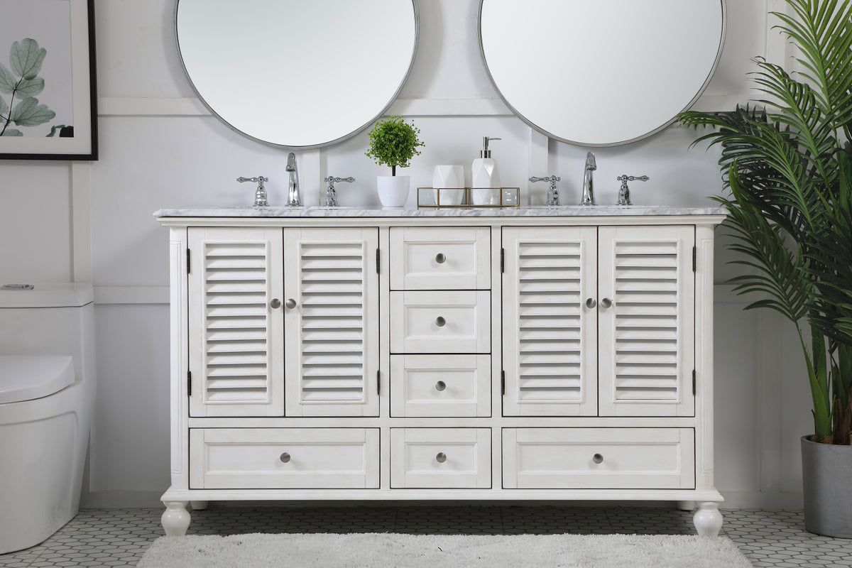 60 inch Double Bathroom Vanity in Antique White
