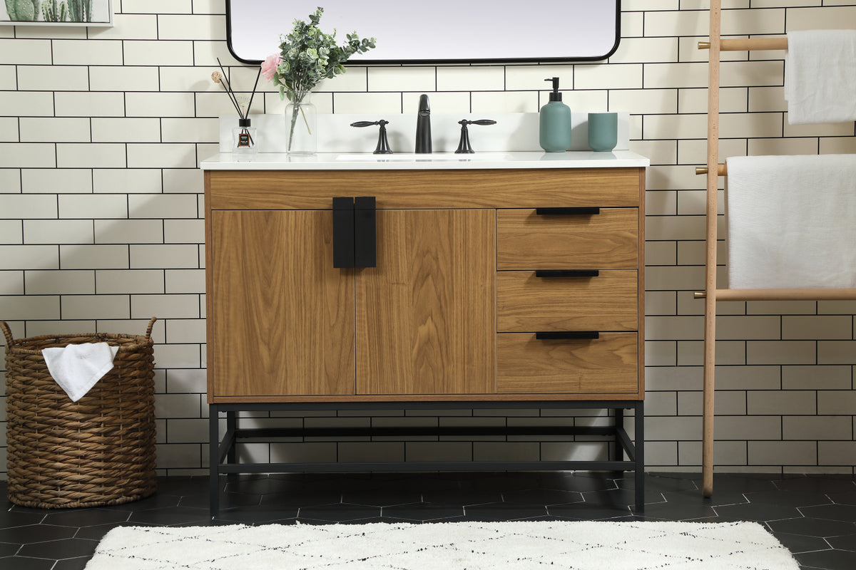 42 inch Single bathroom vanity in walnut brown with backsplash