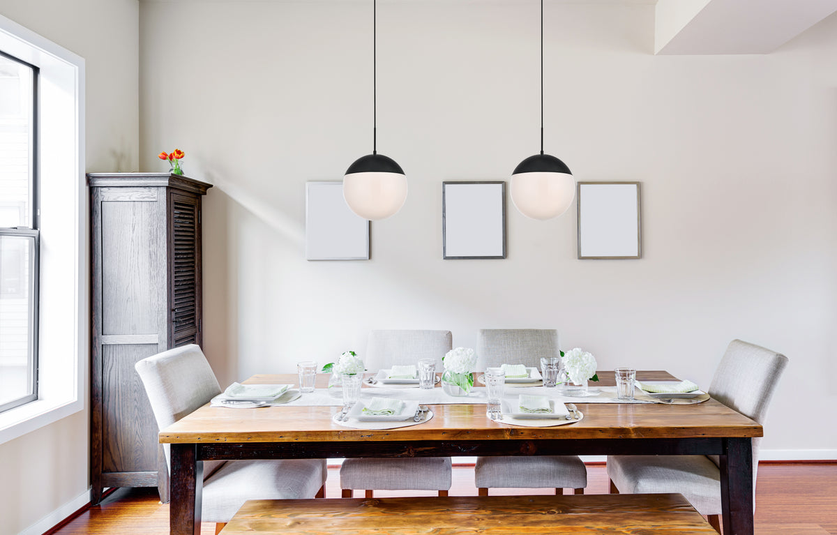 Eclipse 1 Light Black Pendant With Frosted White Glass