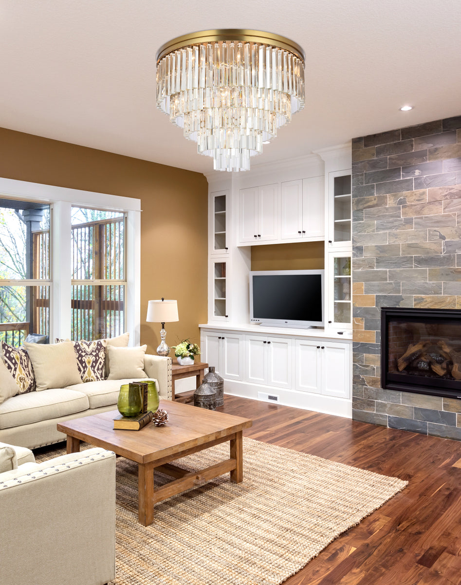 Sydney 32 inch round crystal flush mount in satin gold