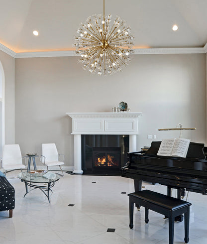 Vera 38 inch crystal starburst round pendant in gold