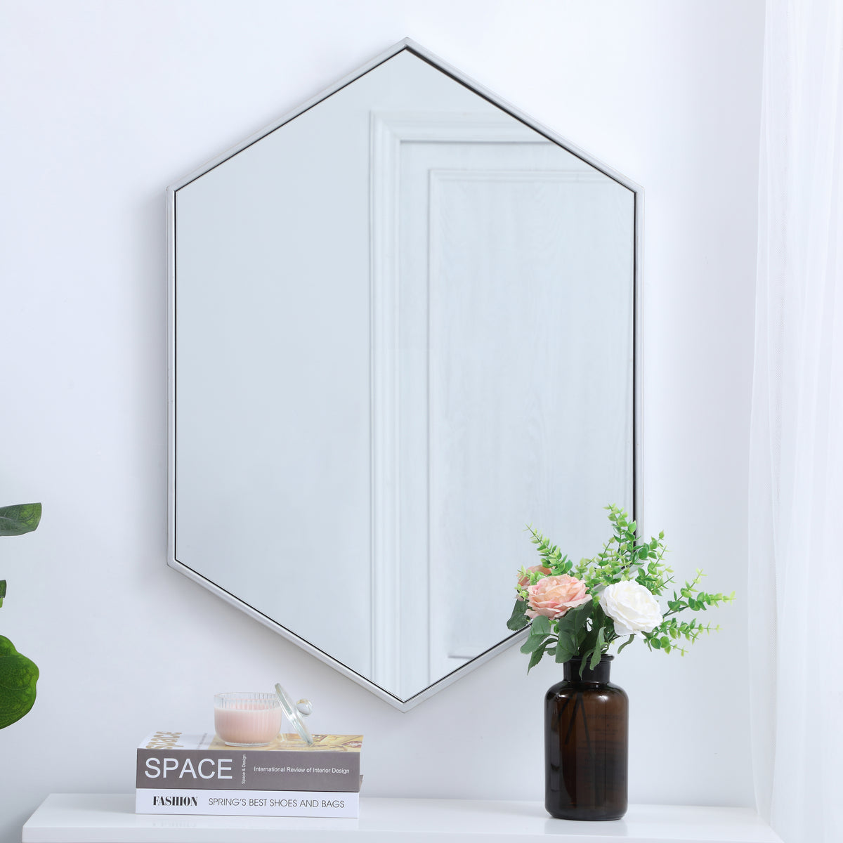 Metal frame hexagon mirror 24 inch in silver