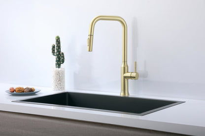 Noor Single Handle Pull Down Sprayer Kitchen Faucet in Brushed Gold