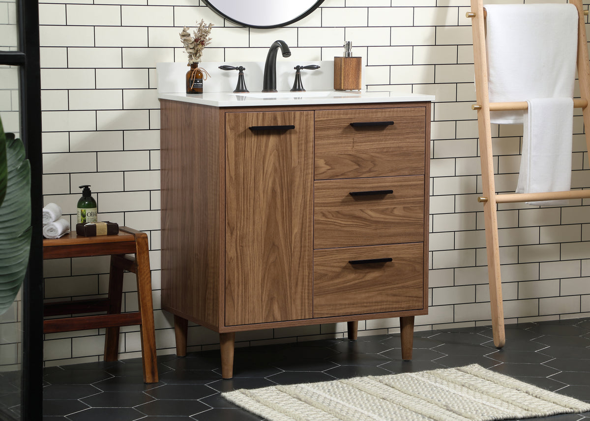 30 inch Single bathroom vanity in walnut brown with backsplash