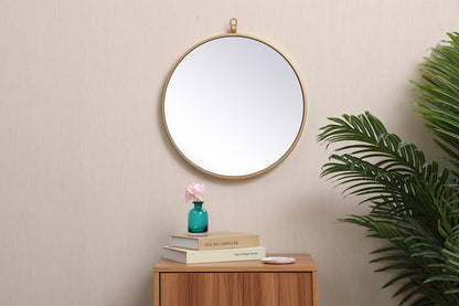 Metal frame round mirror with decorative hook 18 inch in Brass