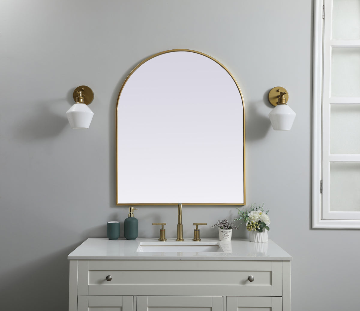 Metal Frame Arch Mirror 30x36 Inch in Brass