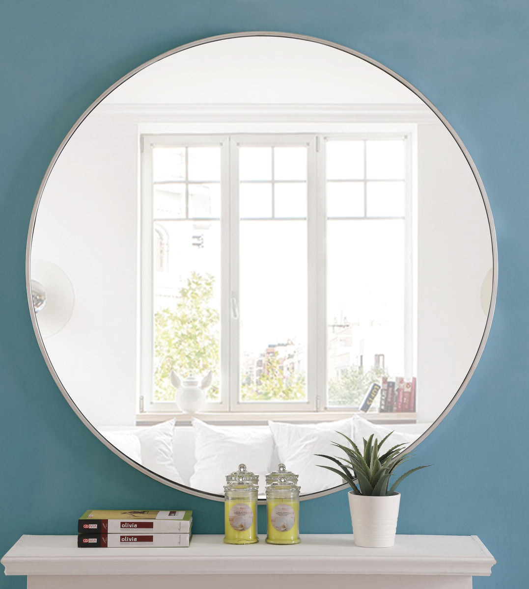Metal frame Round Mirror 42 inch Silver finish