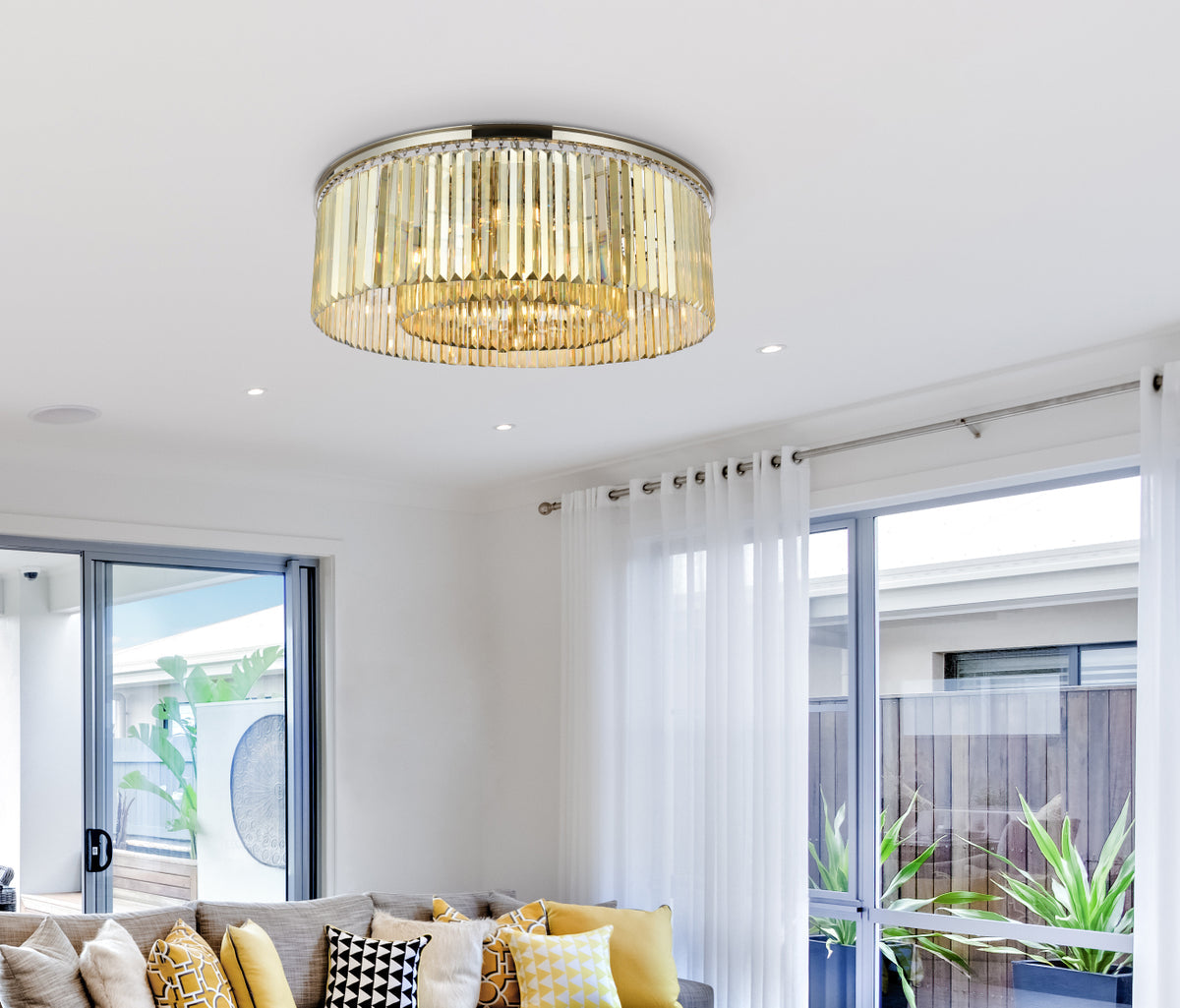 Sydney 10 light polished nickel Flush Mount Golden Teak (Smoky) Royal Cut Crystal