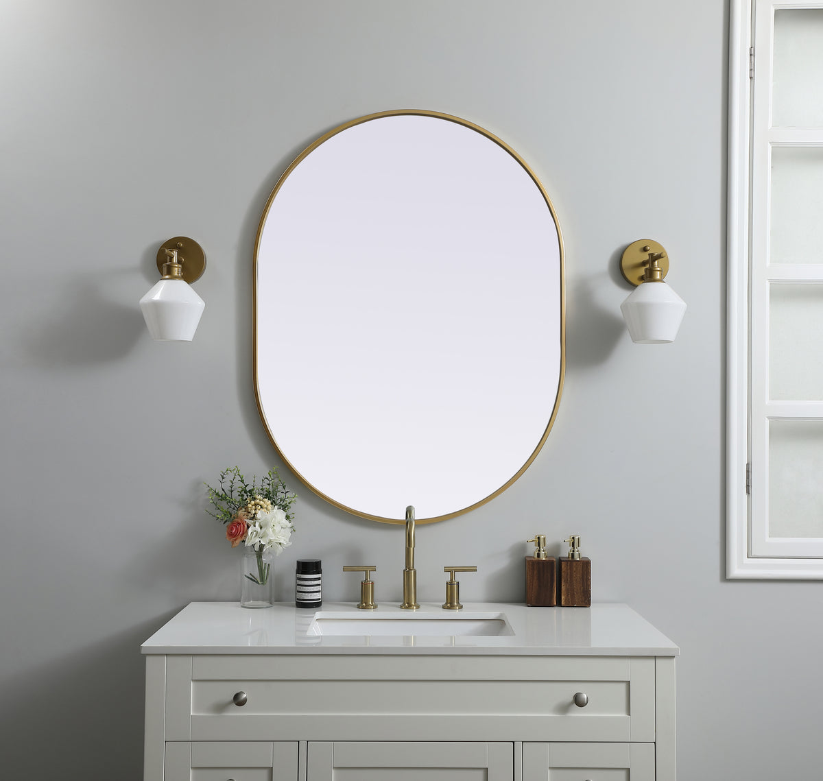 Metal Frame Oval Mirror 30x40 Inch in Brass