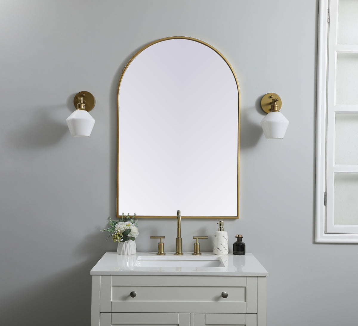 Metal Frame Arch Mirror 27x40 Inch in Brass