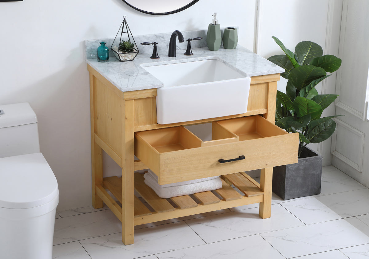 36 inch Single bathroom vanity in natural wood with backsplash