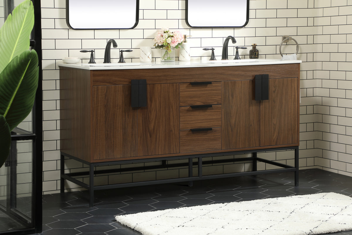 60 inch double bathroom vanity in walnut