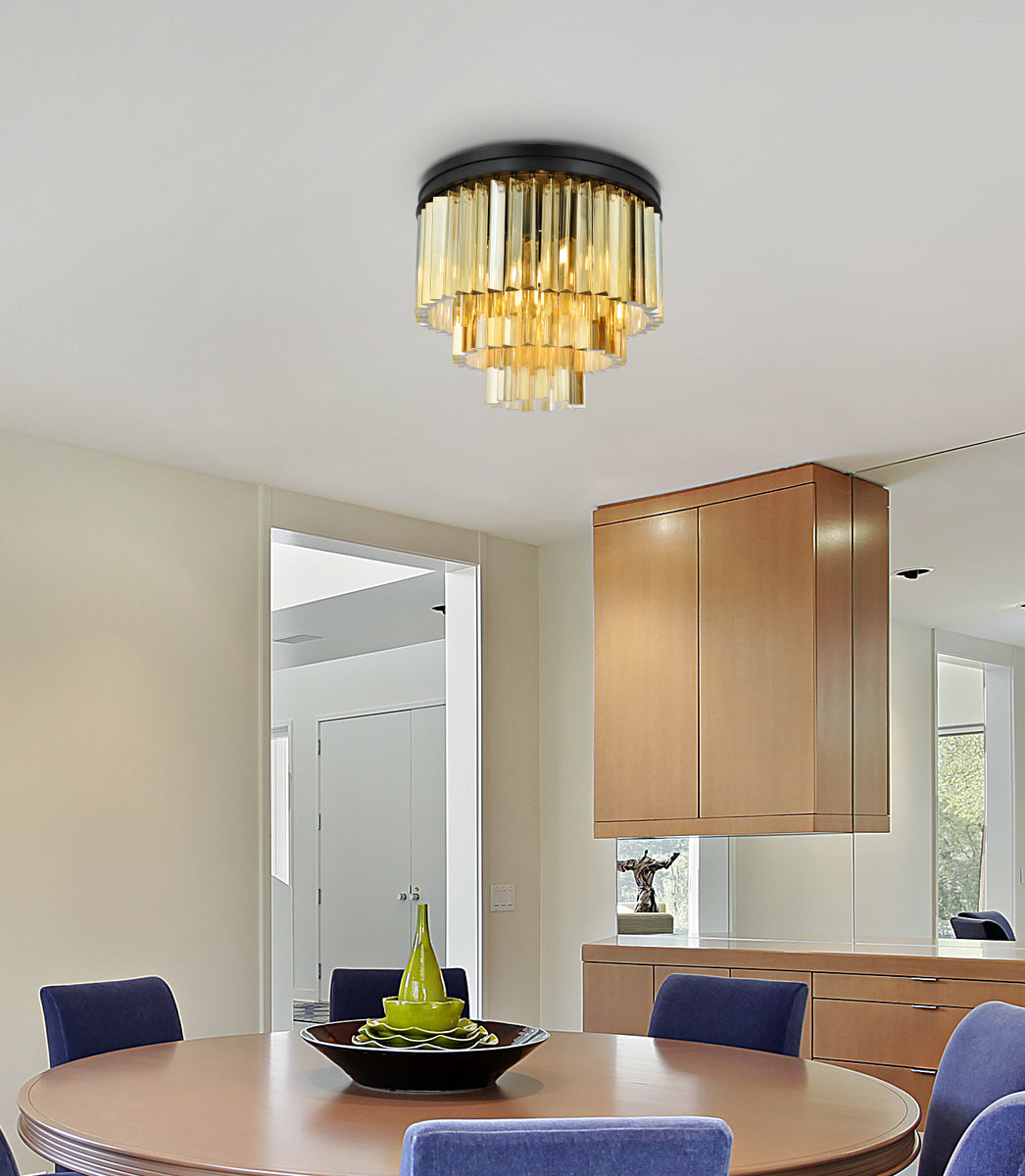 Sydney 9 light Matte Black Flush Mount Golden Teak (Smoky) Royal Cut Crystal