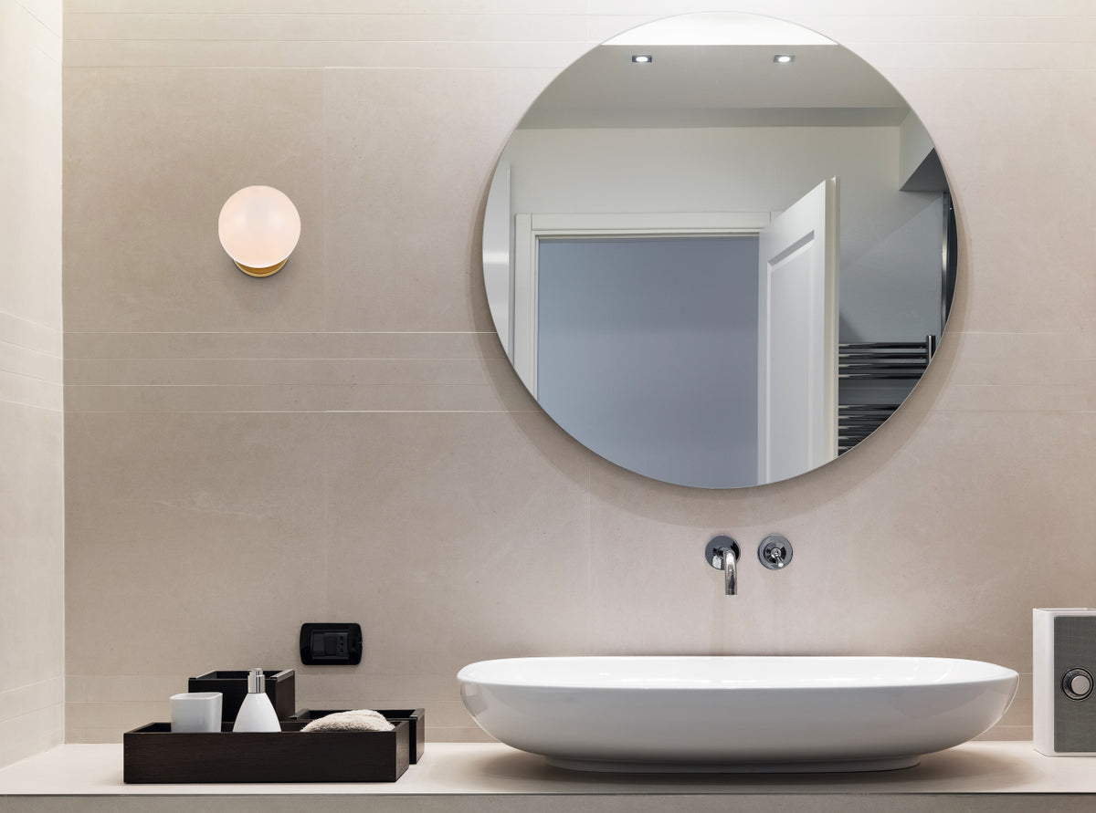 Mimi six inch dual flush mount and bath sconce in brass with frosted glass