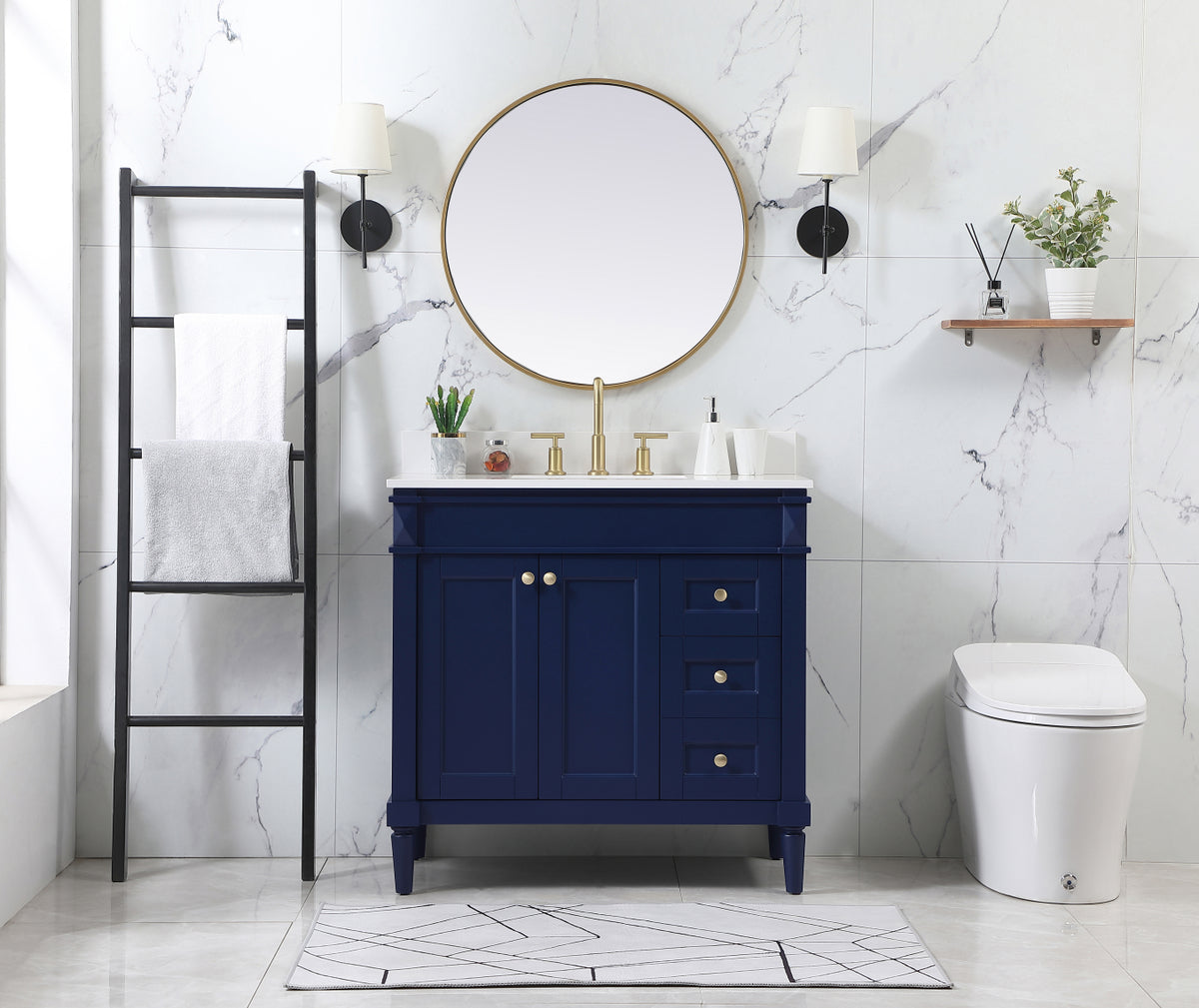 36 inch Single bathroom vanity in blue with backsplash