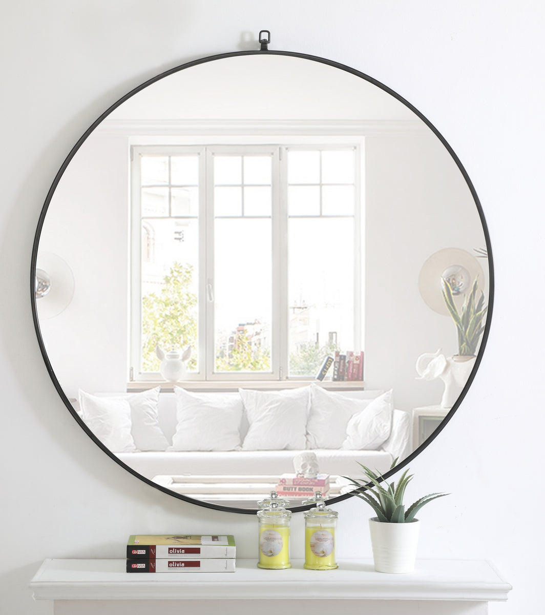Metal frame Round Mirror with decorative hook 42 inch Black finish