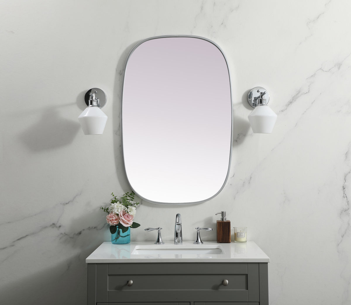 Metal Frame Oval Mirror 24x36 Inch in Silver