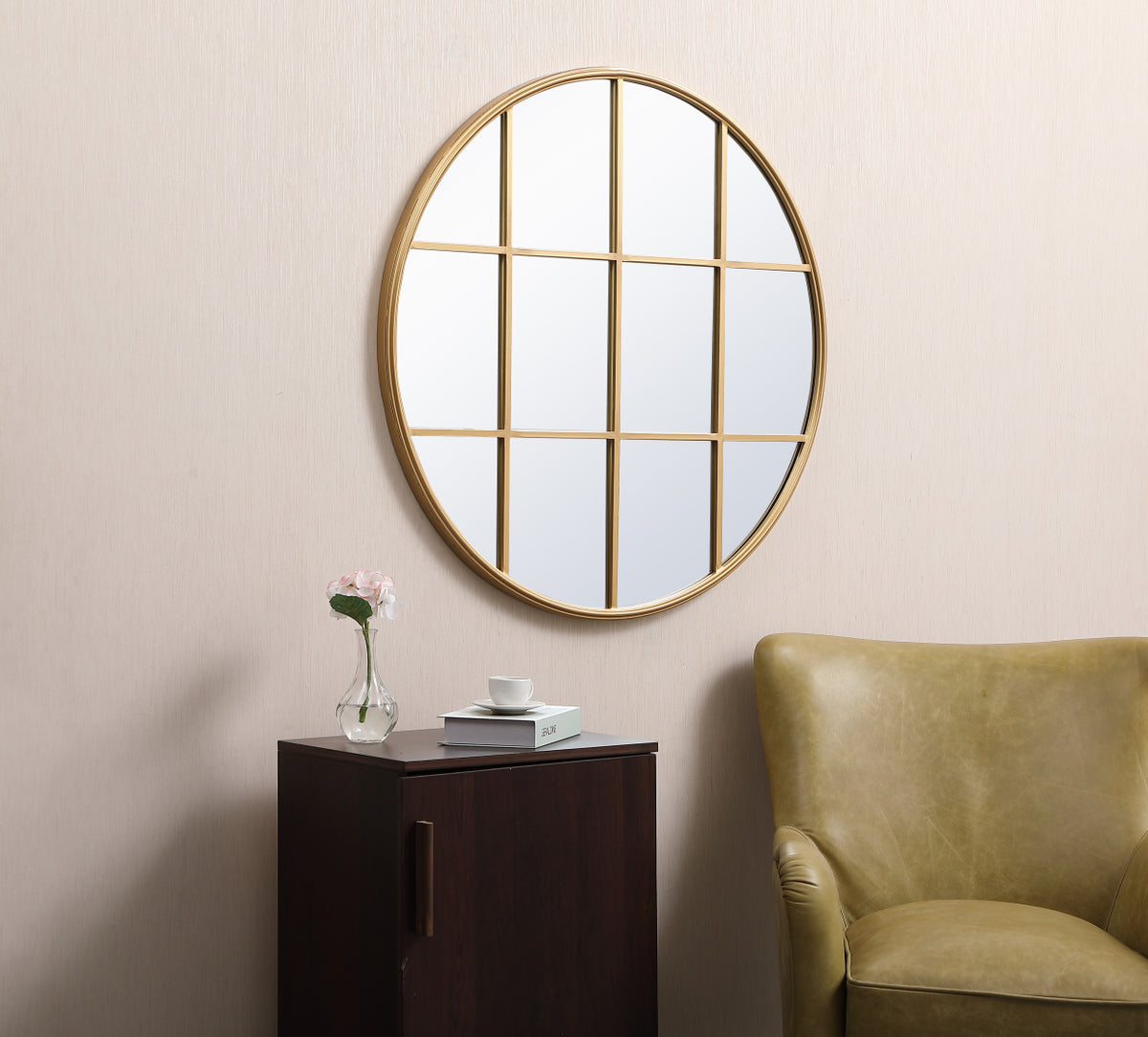 Metal windowpane mirror 36 inch x 36 inch in Brass