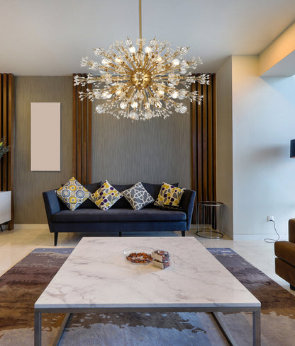 Vera 36 inch crystal starburst oval pendant in gold