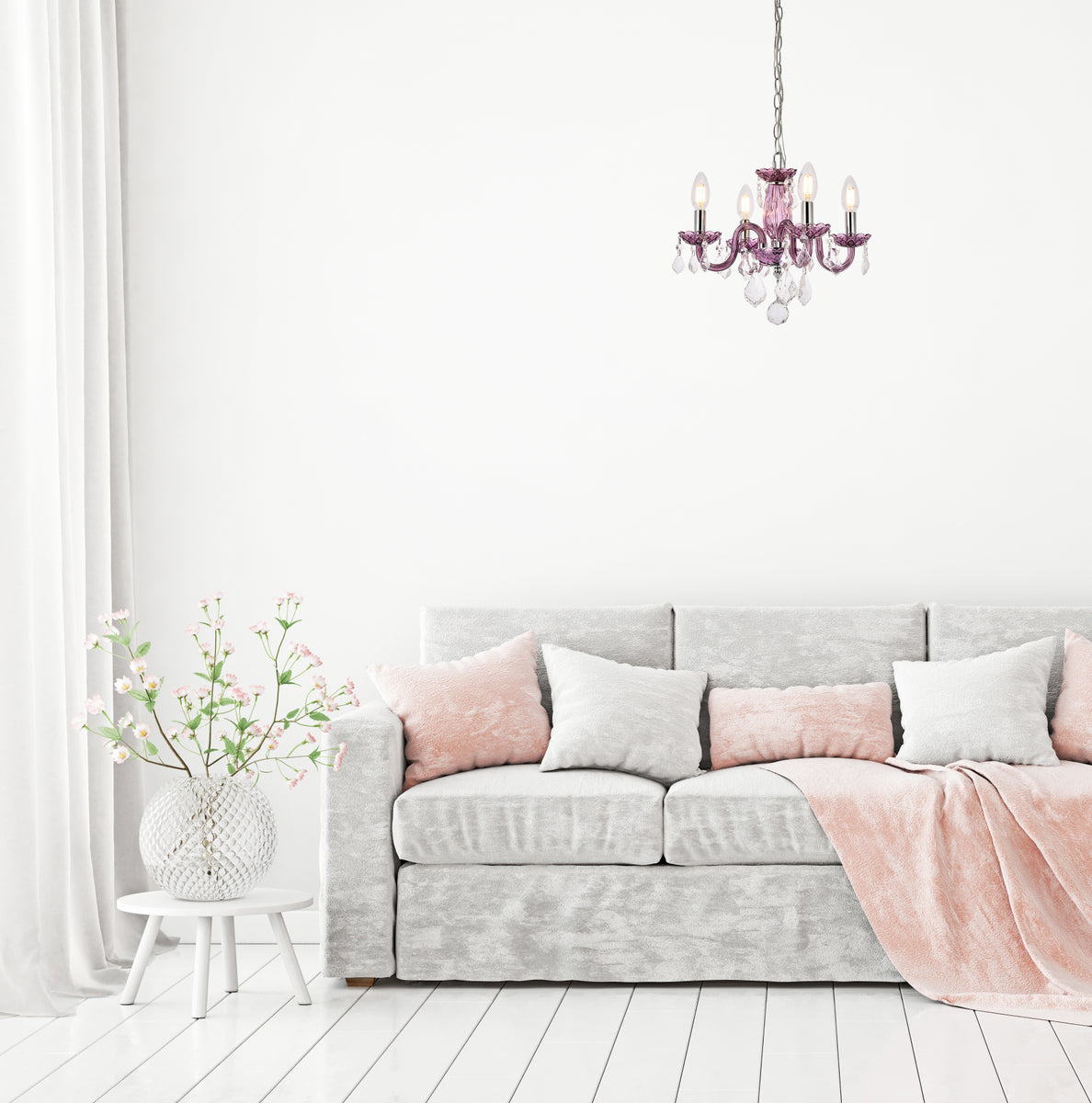 Rococo 4 light Purple Pendant Clear Royal Cut Crystal